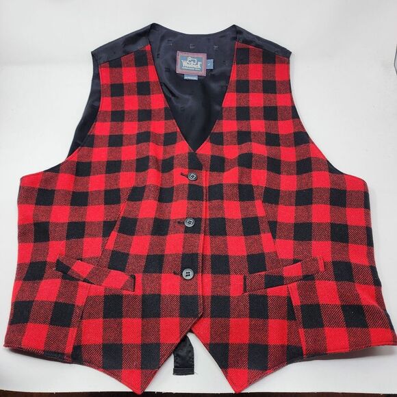 Vintage Womens Woolrich Red Black Plaid Button‎ Wool Blend Pocket Vest Large USA - Picture 1 of 12